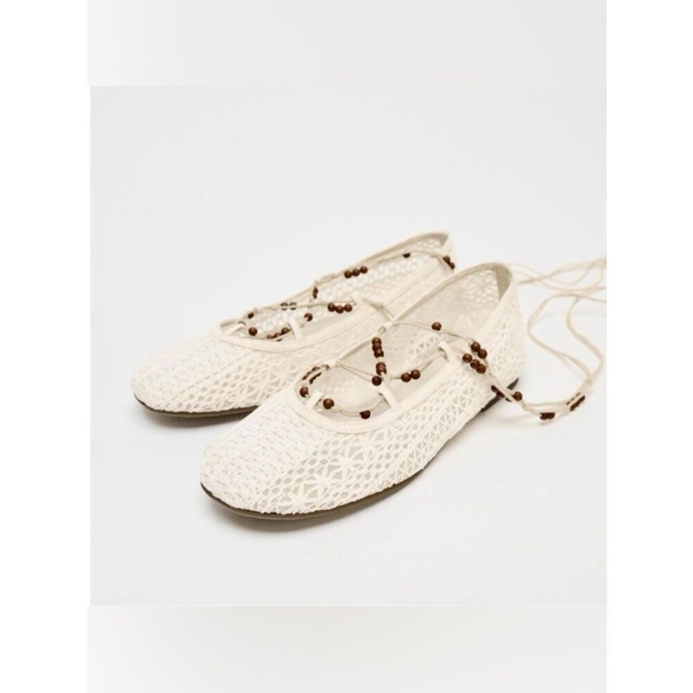 NEW ZARA Beaded Crochet Ballet flats in white